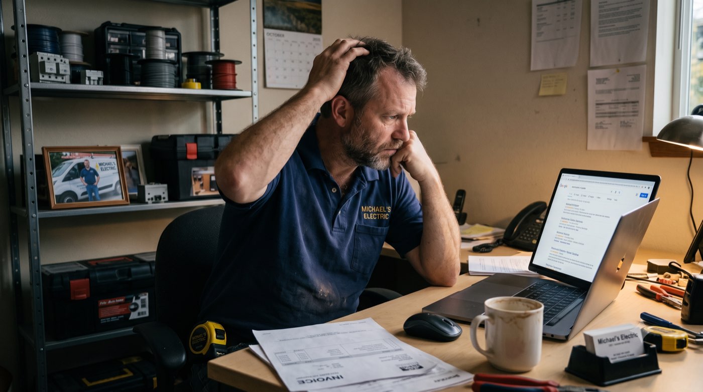 Electrician at his office desk looking frustrated at Google search results on a laptop