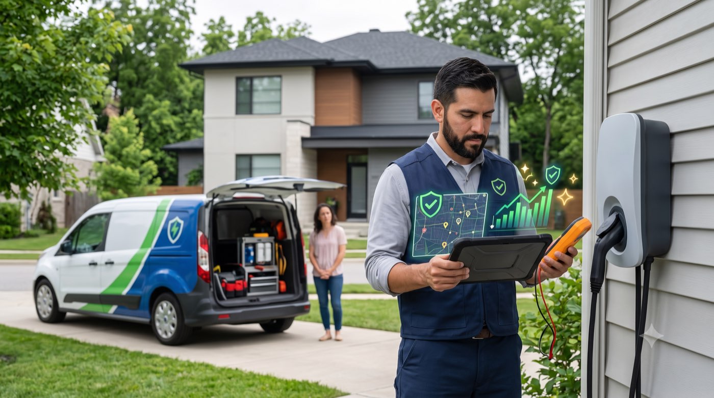 Electrician checking his Google Maps rankings on a tablet beside his service van at a residential job