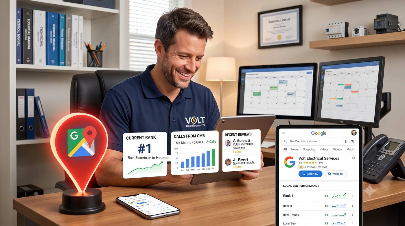Electrician at his desk reviewing his Google Maps rank, call volume and recent reviews for his electrical business