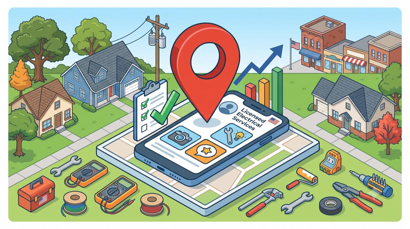 Google Business Profile optimization checklist illustrated: a phone showing a licensed electrical services listing on a local map, with a map pin, completed checklist and rising ranking chart in a residential neighborhood