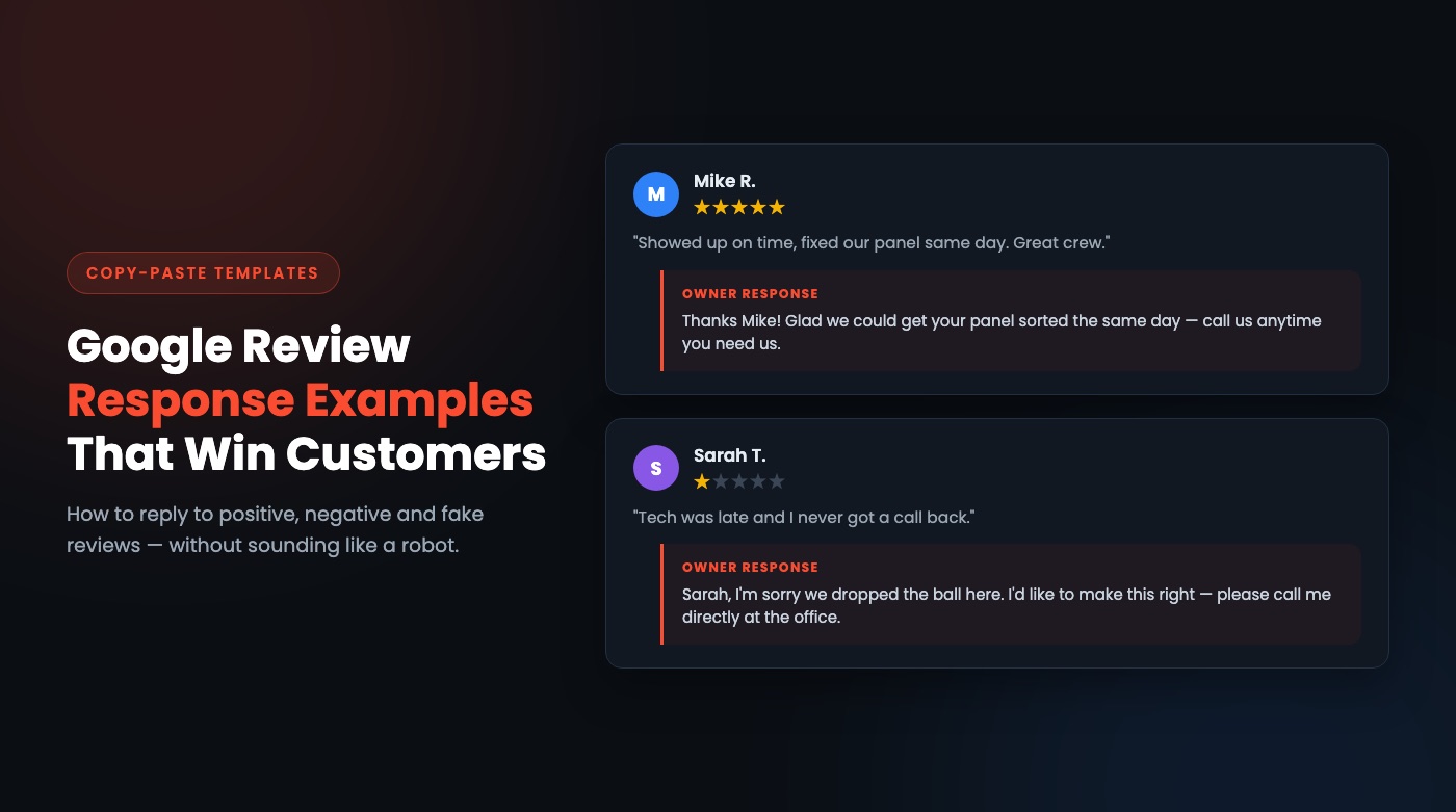 Google review response examples, owner replies to a five-star and a one-star review