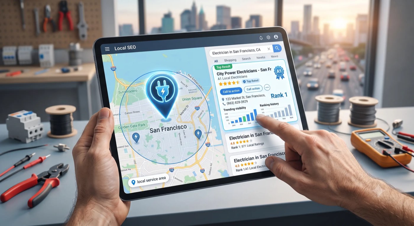 Electrical contractor checking local search visibility on a tablet