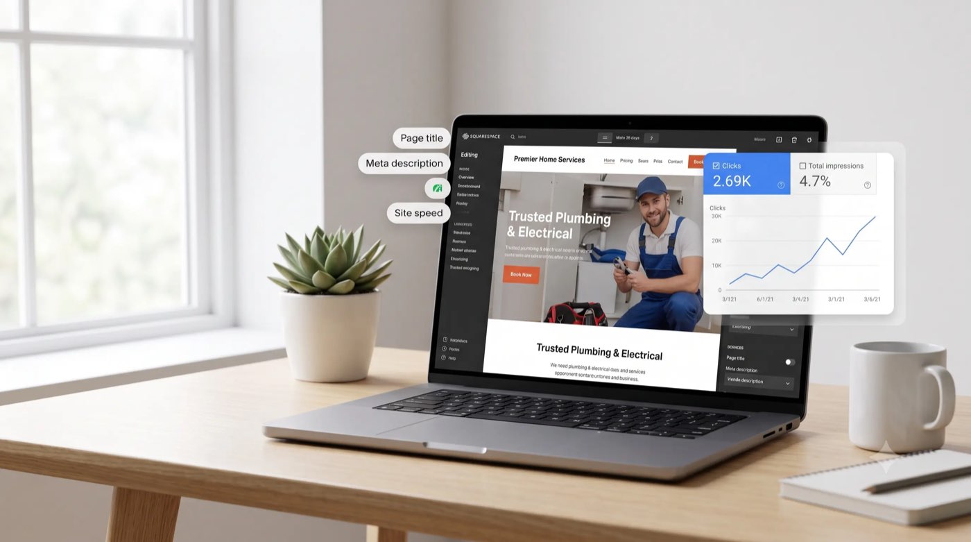 Squarespace editor showing a plumbing and electrical website with Search Console click growth