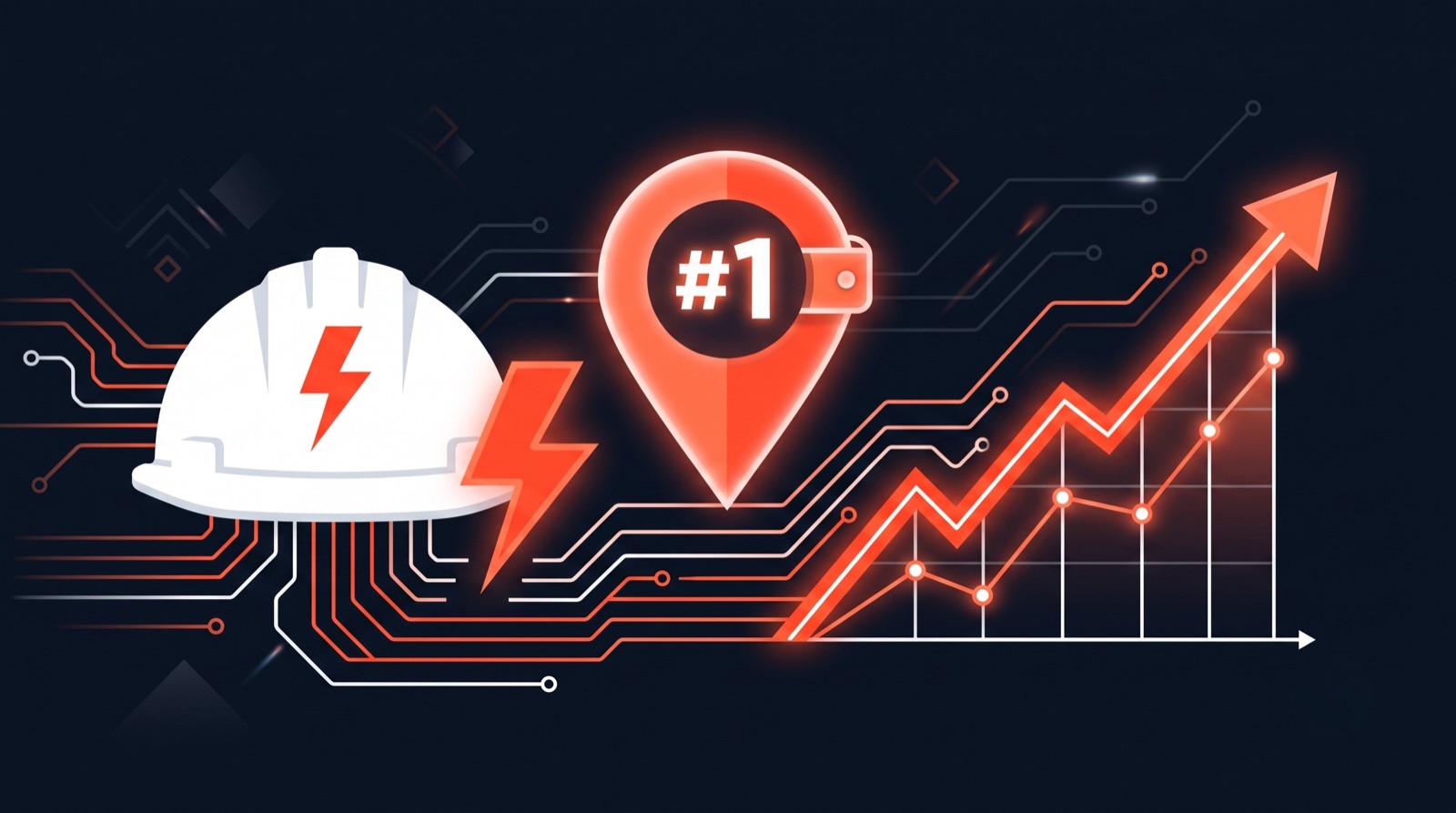 Electrician hard hat and lightning bolt beside a number one Google Maps ranking pin with rising graph