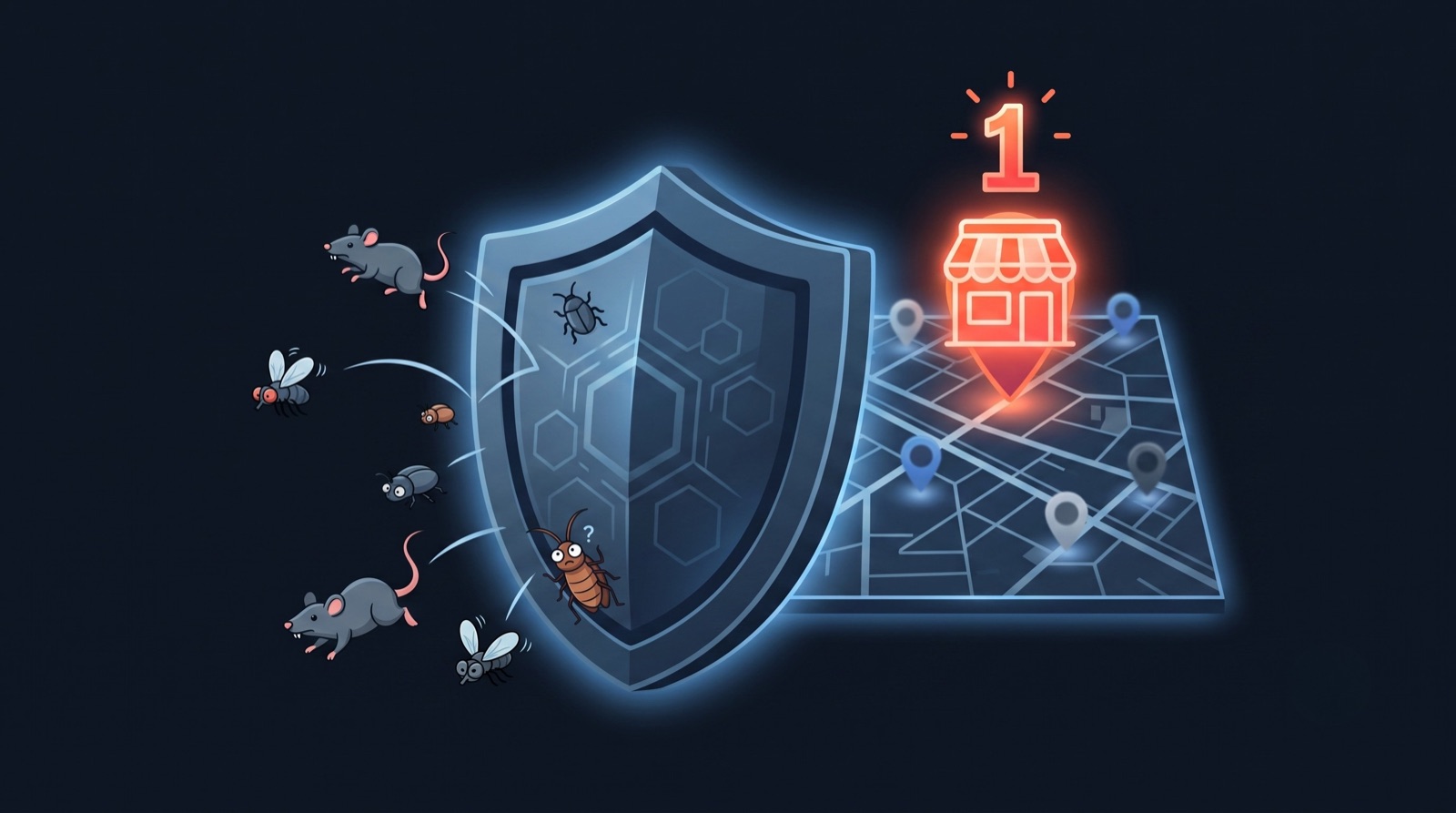 Protective shield blocking pests with a first-ranked local business on a map