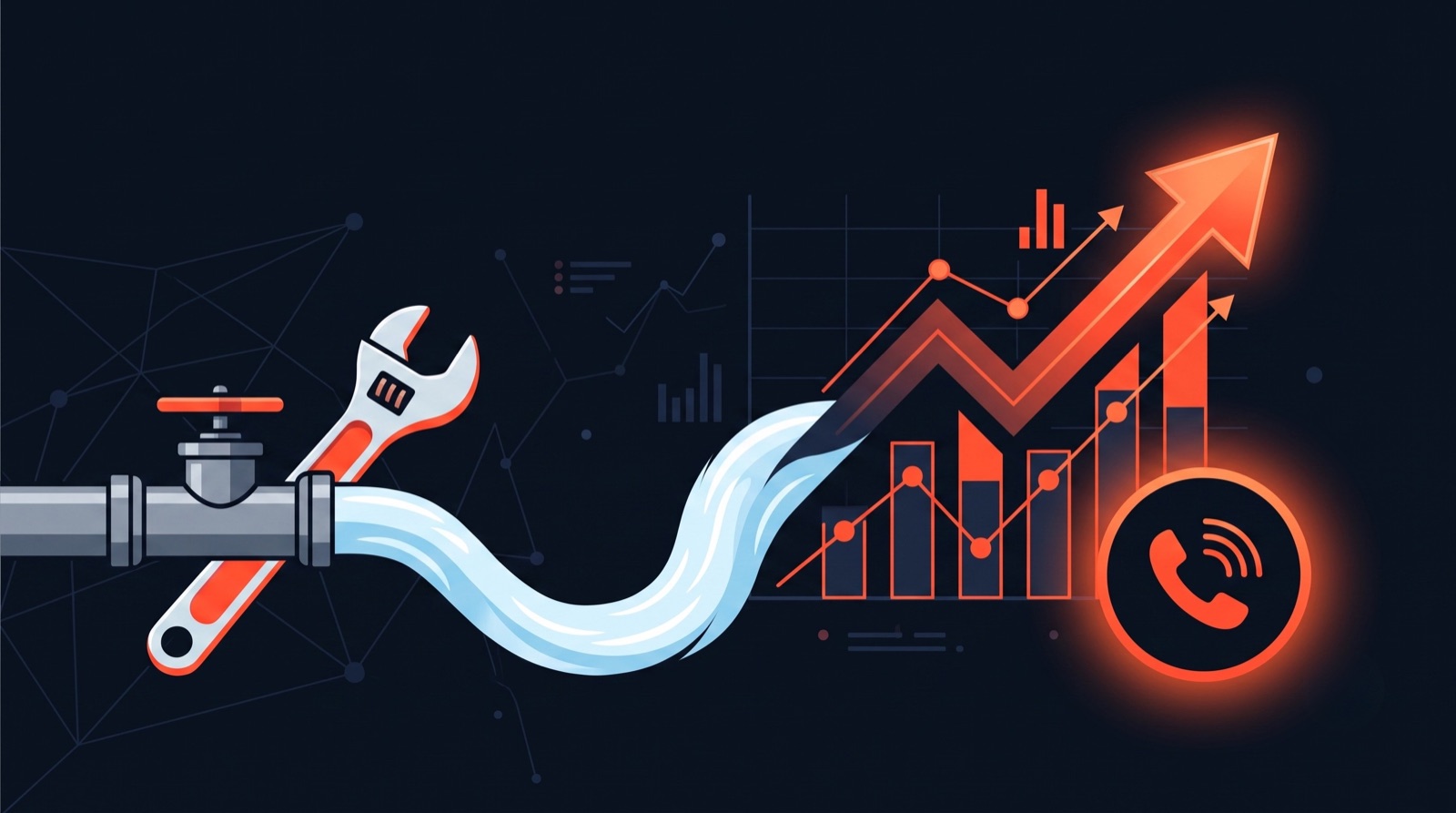 Plumber wrench and pipes flowing into an upward search rankings graph