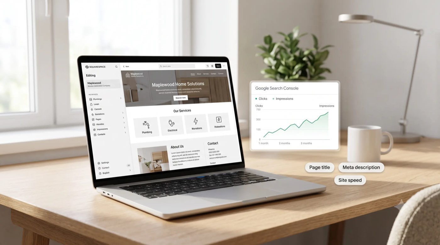 Squarespace editor showing a home services website being edited alongside a Google Search Console impressions chart